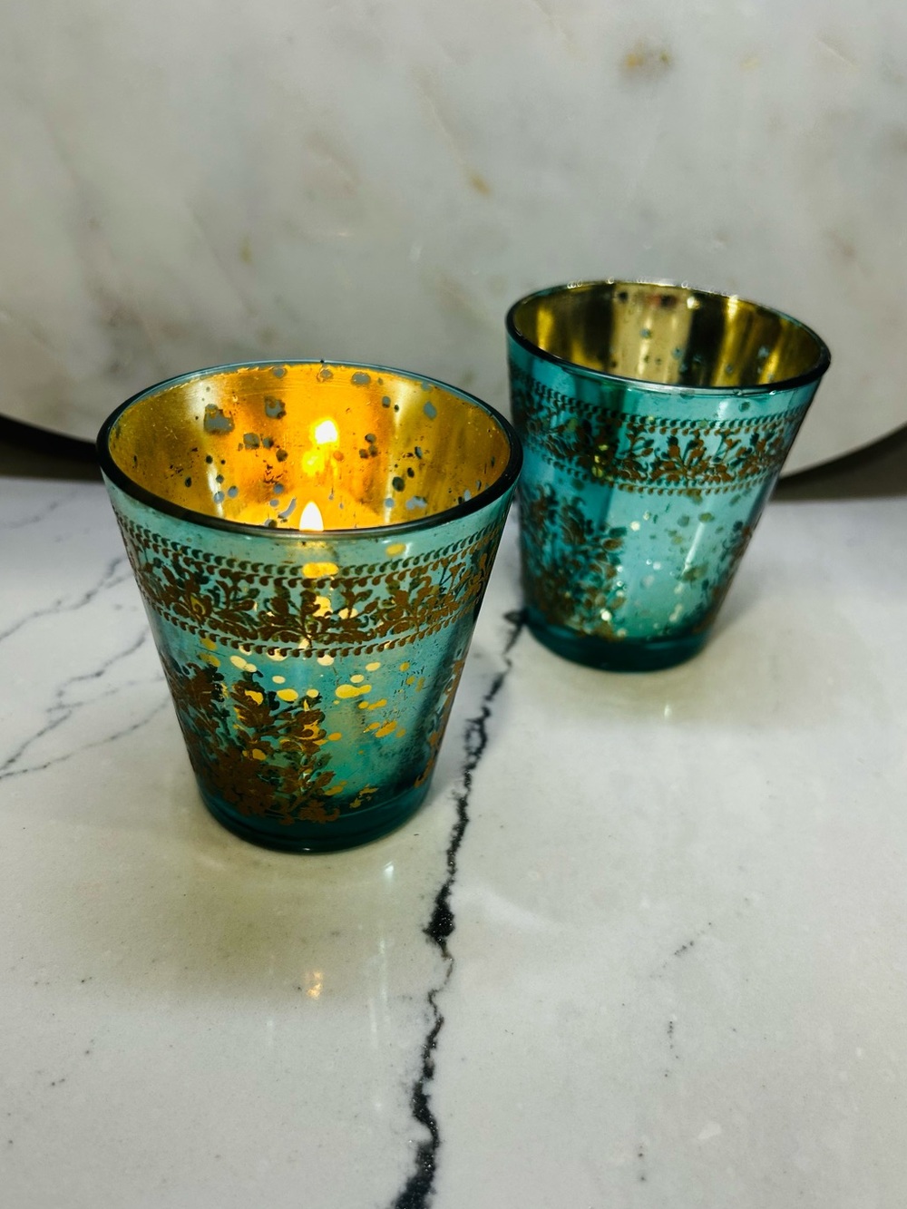 Anthropology Asilah Teal Glass Votive Holder with Gold Floral Accent